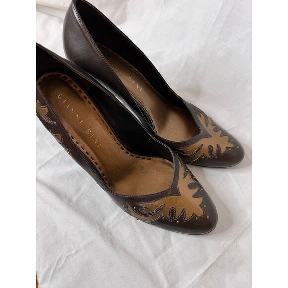 GIANNI BINI Leather Cowgirl Heels Studded Pumps Western Brown Copper Size 8.5 - Picture 6 of 7